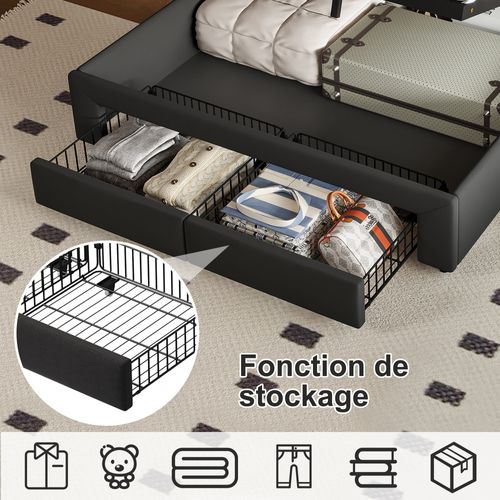 Lit Double 160 X 200 Cm Avec Rangements, Cadre De Lit LED Rembourré, Lit Avec Port USB, Gris Foncé