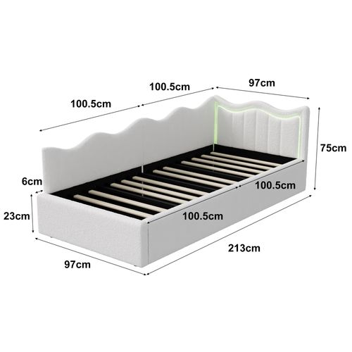 Lit Coffre En Velours Blanc 90x200 Cm, Tête De Lit Ondulée Et LED, Sommier à Lattes En Bois