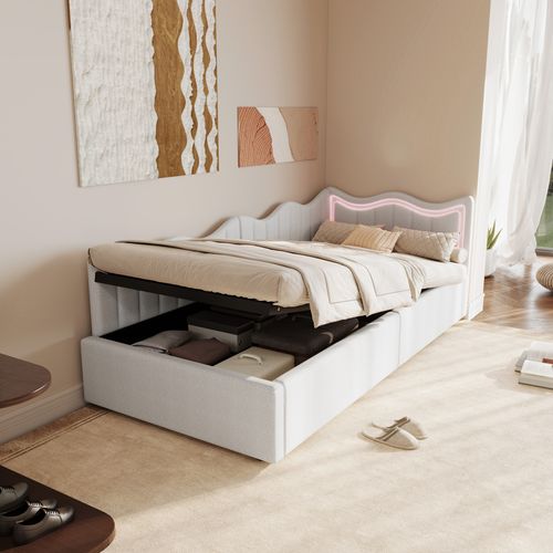 Lit Coffre En Velours Blanc 90x200 Cm, Tête De Lit Ondulée Et LED, Sommier à Lattes En Bois