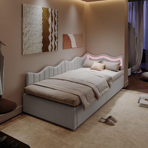 Lit Coffre En Velours Blanc 90x200 Cm, Tête De Lit Ondulée Et LED, Sommier à Lattes En Bois