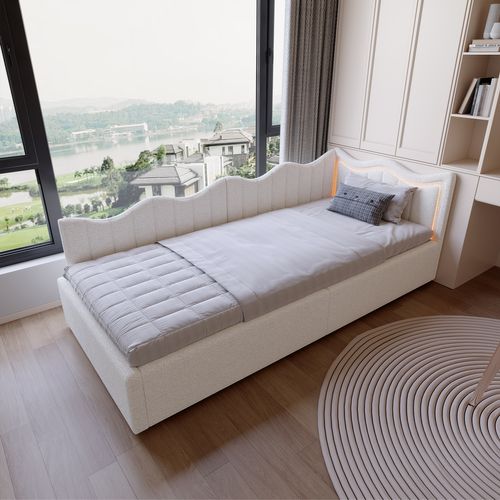 Lit Coffre En Velours Blanc 90x200 Cm, Tête De Lit Ondulée Et LED, Sommier à Lattes En Bois