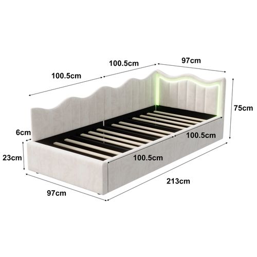 Lit Coffre En Velours Beige 90x200 Cm, Tête De Lit Ondulée Et LED, Sommier à Lattes En Bois