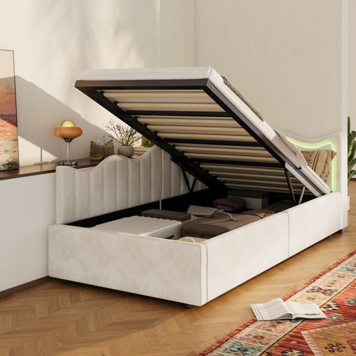 Lit Coffre En Velours Beige 90x200 Cm, Tête De Lit Ondulée Et LED, Sommier à Lattes En Bois