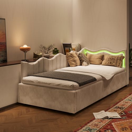 Lit Coffre En Velours Beige 90x200 Cm, Tête De Lit Ondulée Et LED, Sommier à Lattes En Bois