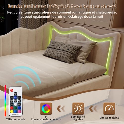 Lit Coffre En Velours Beige 90x200 Cm, Tête De Lit Ondulée Et LED, Sommier à Lattes En Bois