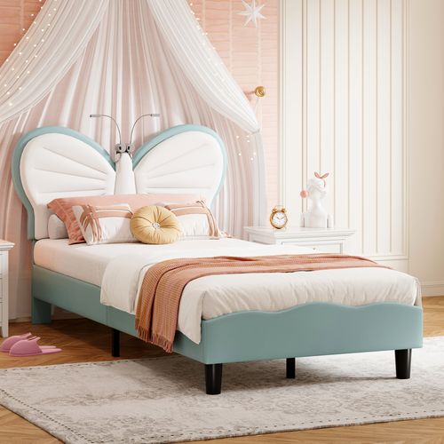 Lit Enfant 90x200 Cm, Avec LED, Cadre De Lits Rembourré Avec Sommier à Lattes, Velours, Bleu