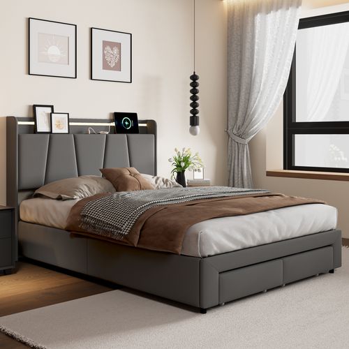 Lit Double 140 X 200 Cm Avec Rangements, Cadre De Lit LED Rembourré, Lit Avec Port USB, Gris Foncé