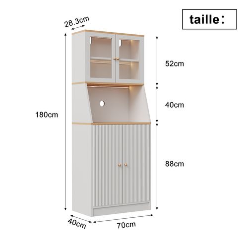 Buffet Haut, Avec Plan De Travail Et 4 Compartiments De Rangement, Avec LED, 40 X 70 X 180 Cm, Blanc