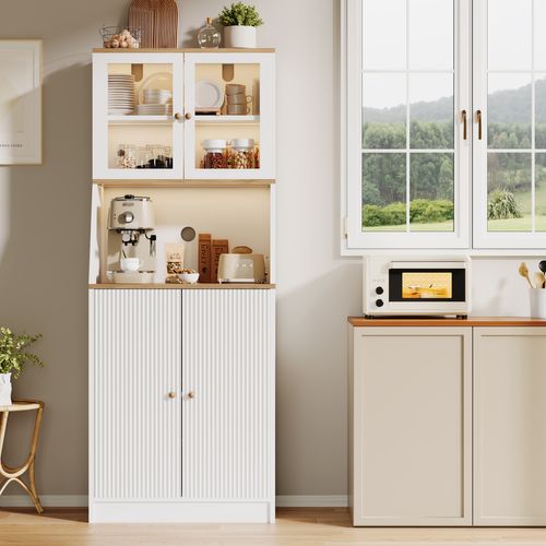 Buffet Haut, Avec Plan De Travail Et 4 Compartiments De Rangement, Avec LED, 40 X 70 X 180 Cm, Blanc