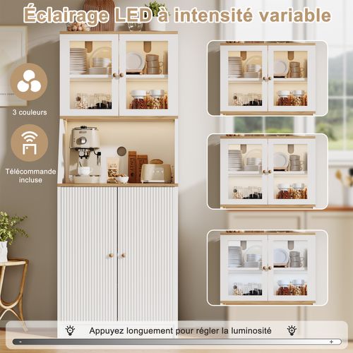 Buffet Haut, Avec Plan De Travail Et 4 Compartiments De Rangement, Avec LED, 40 X 70 X 180 Cm, Blanc