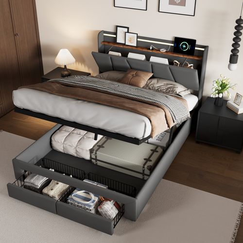 Lit Capitonné 140x200 Avec Rangement, Avec LED Et Ports De Charge USB, Lit Double, Lin, Gris Foncé