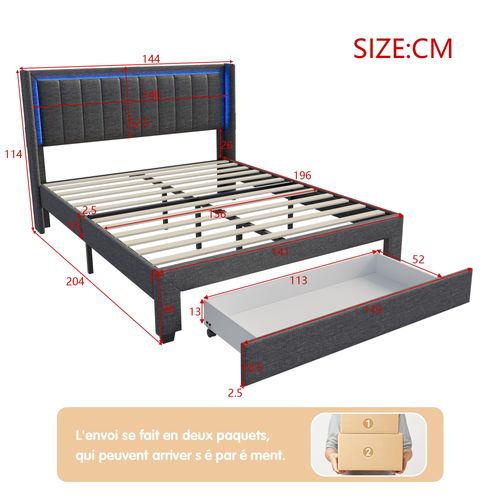 Lit 2 Personnes 140 X 200 Cm, Lit Rembourré Avec LED Et 2 Ports USB, Espace De Rangement, Gris