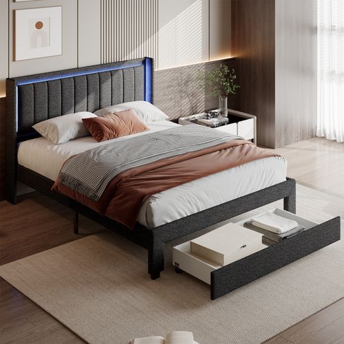 Lit 2 Personnes 140 X 200 Cm, Lit Rembourré Avec LED Et 2 Ports USB, Espace De Rangement, Gris