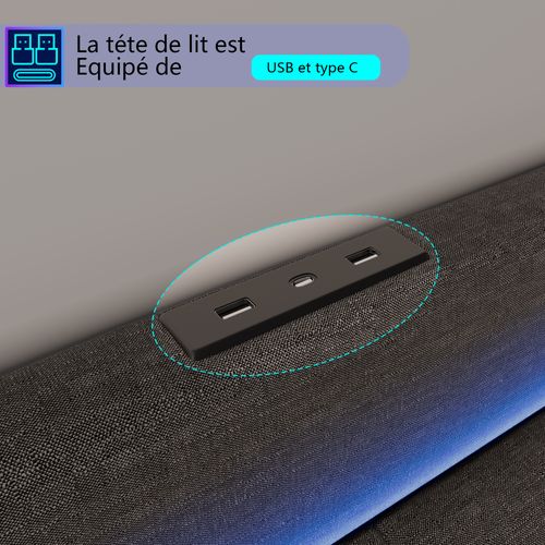 Lit 2 Personnes 140 X 200 Cm, Lit Rembourré Avec LED Et 2 Ports USB, Espace De Rangement, Gris