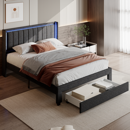 Lit 2 Personnes 160 X 200 Cm, Lit Rembourré Avec LED Et 2 Ports USB, Espace De Rangement, Gris