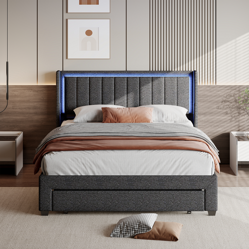 Lit 2 Personnes 160 X 200 Cm, Lit Rembourré Avec LED Et 2 Ports USB, Espace De Rangement, Gris