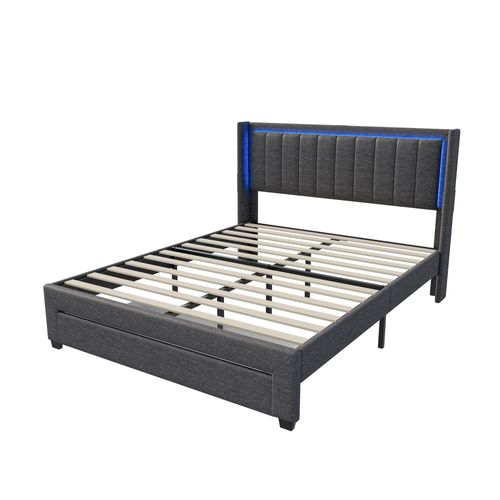 Lit 2 Personnes 160 X 200 Cm, Lit Rembourré Avec LED Et 2 Ports USB, Espace De Rangement, Gris