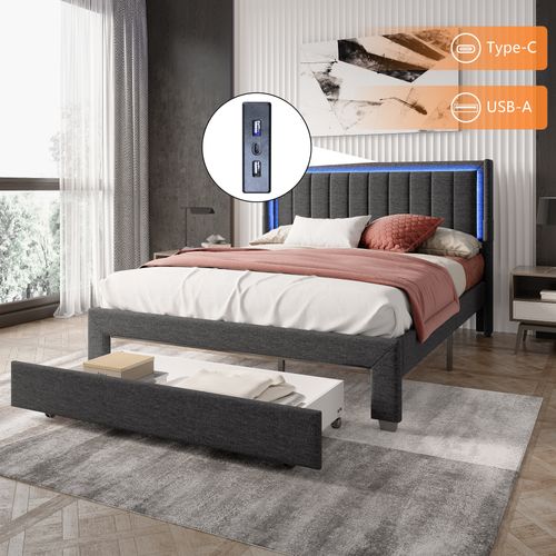 Lit 2 Personnes 160 X 200 Cm, Lit Rembourré Avec LED Et 2 Ports USB, Espace De Rangement, Gris