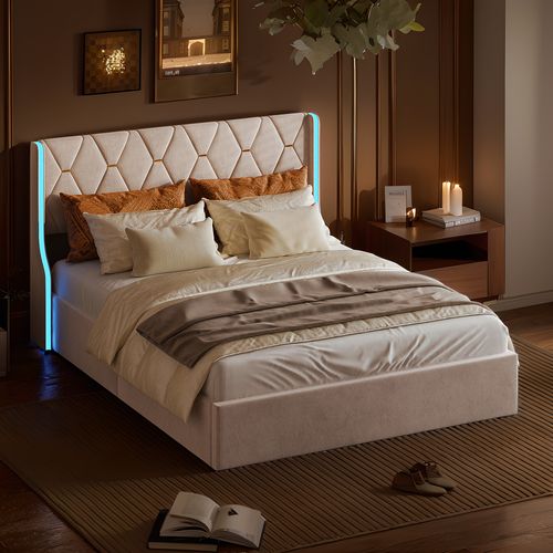 Lit Coffre 160x200 Cm Avec Sommier, Avec LED, Sommier à Lattes, Velours, Beige