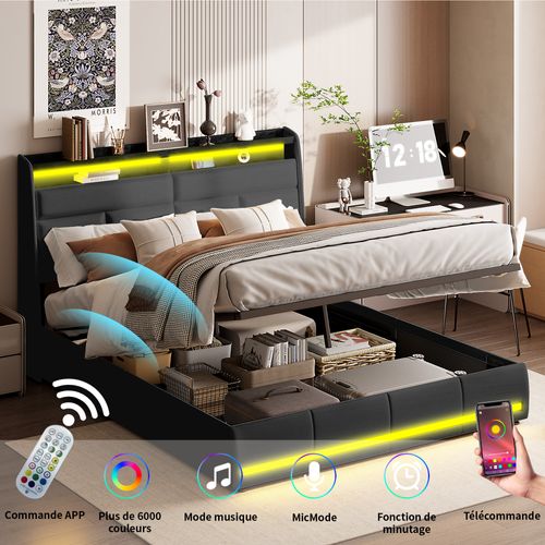 Lit Coffre 160 X 200 Cm, Avec Sommier à Lattes, Lits 2 Personnes Avec Lumière LED En Pu, Noir