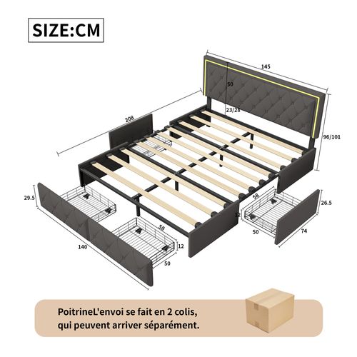 Lit Capitonné 140x200cm Avec LED, Avec 4 Tiroirs De Rangement, Avec Sommier à Lattes, Pu, Gris