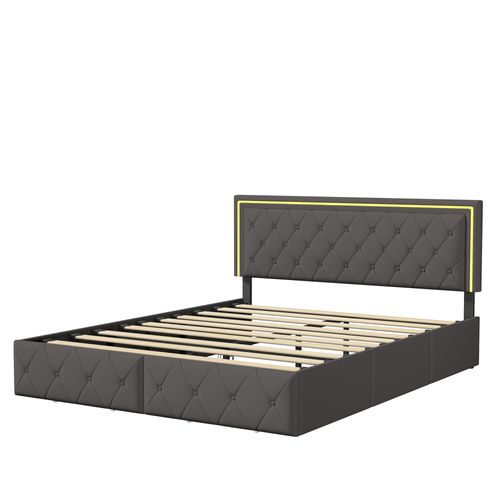 Lit Capitonné 140x200cm Avec LED, Avec 4 Tiroirs De Rangement, Avec Sommier à Lattes, Pu, Gris