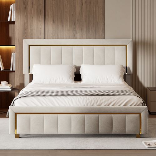 Lit Coffre 140x200 De Rangement, Lits Double Avec Hydraulique Et Sommier à Lattes, Velours, Beige