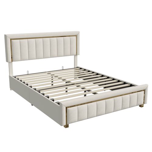Lit Coffre 140x200 De Rangement, Lits Double Avec Hydraulique Et Sommier à Lattes, Velours, Beige