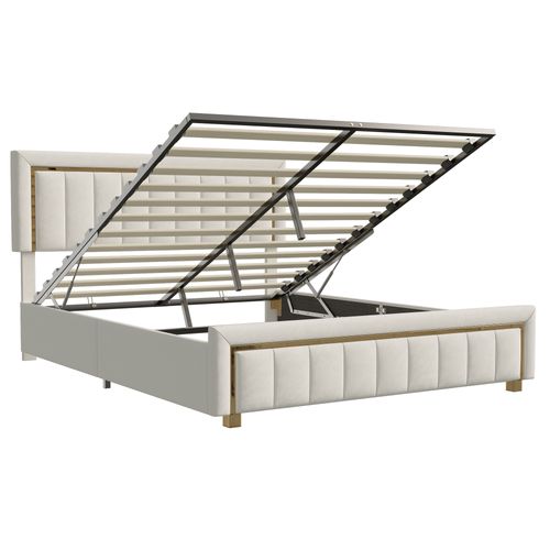 Lit Coffre 140x200 De Rangement, Lits Double Avec Hydraulique Et Sommier à Lattes, Velours, Beige
