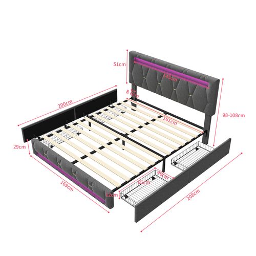 Lit Double Capitonné 160 X 200 Cm, LED, Avec Sommier à Lattes, Rangement, Gris