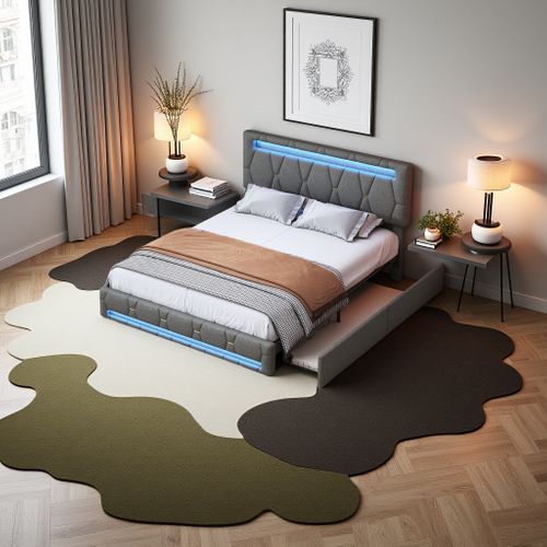 Lit Double Capitonné 160 X 200 Cm, LED, Avec Sommier à Lattes, Rangement, Gris