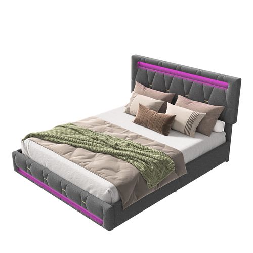 Lit Double Capitonné 160 X 200 Cm, LED, Avec Sommier à Lattes, Rangement, Gris