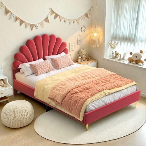 Lit Double 140 X 200 Cm, Rembourré, Avec Tête De Lit En Forme De Fleur Et Sommier à Lattes, Rouge