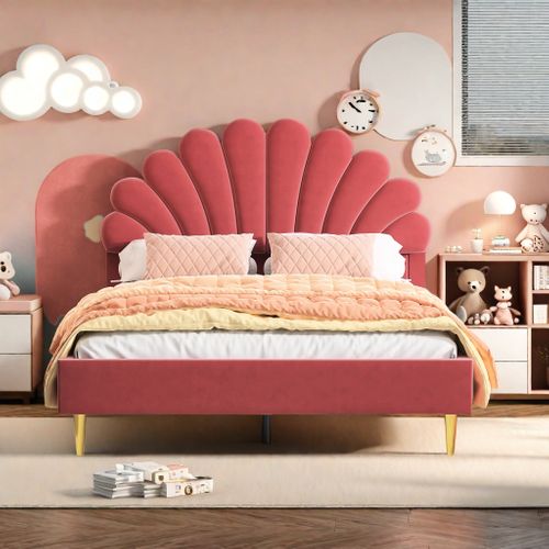 Lit Double 140 X 200 Cm, Rembourré, Avec Tête De Lit En Forme De Fleur Et Sommier à Lattes, Rouge