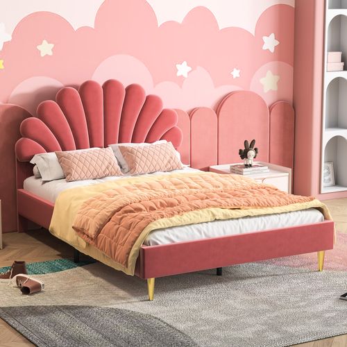 Lit Double 140 X 200 Cm, Rembourré, Avec Tête De Lit En Forme De Fleur Et Sommier à Lattes, Rouge