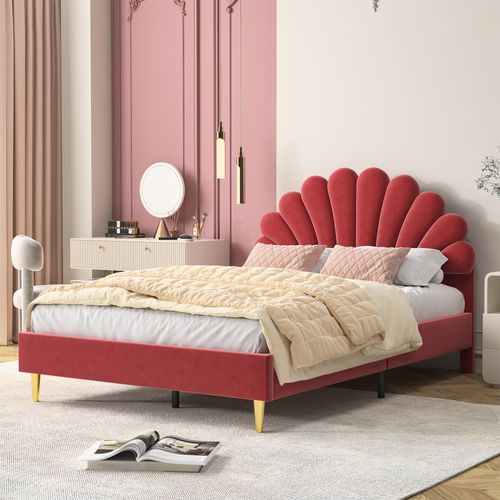 Lit Double 140 X 200 Cm, Rembourré, Avec Tête De Lit En Forme De Fleur Et Sommier à Lattes, Rouge