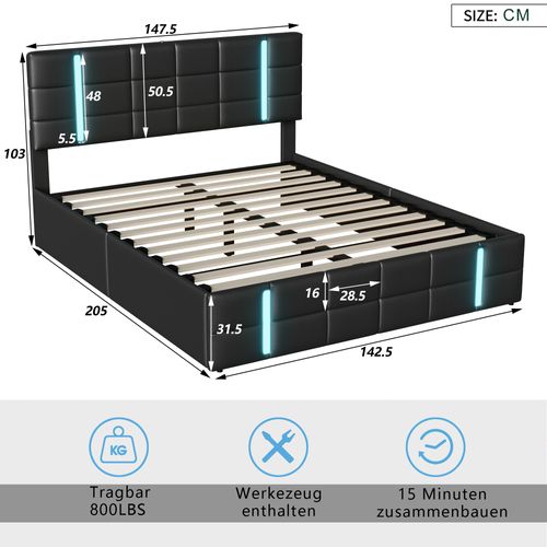 Lit Coffre 140x200 Cm Avec Sommier, Lit Double Rembourré Avec Éclairage LED Et Port USB, Pu, Noir