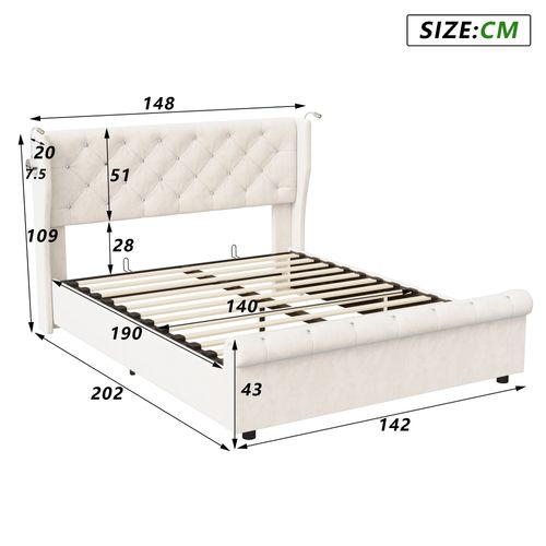 Lit Double 140 X 190 Cm, Avec Lampes De Lecture, Lit De Rangement, Sommier à Lattes, Velours, Beige