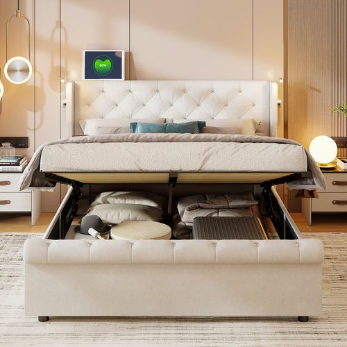 Lit Double 140 X 190 Cm, Avec Lampes De Lecture, Lit De Rangement, Sommier à Lattes, Velours, Beige