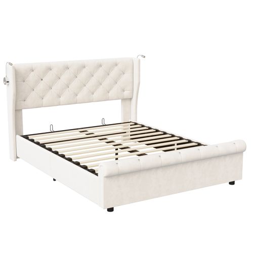 Lit Double 140 X 190 Cm, Avec Lampes De Lecture, Lit De Rangement, Sommier à Lattes, Velours, Beige