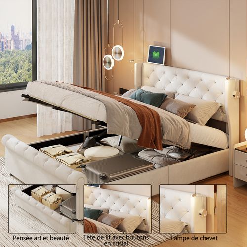 Lit Double 140 X 190 Cm, Avec Lampes De Lecture, Lit De Rangement, Sommier à Lattes, Velours, Beige