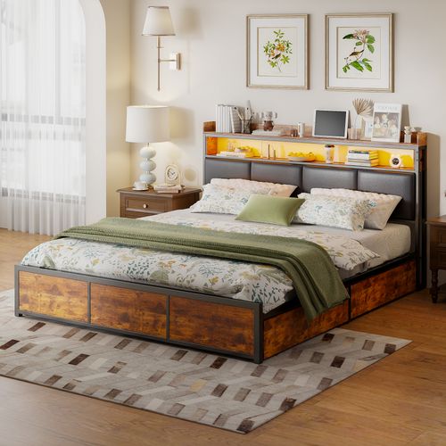 Lit 160x200 Avec Sommier Et LED, Tête De Lit En Pu Noir, Structure En Métal Et Rangement Pratique