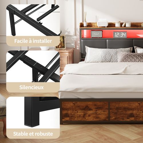 Lit 160x200 Avec Sommier Et LED, Tête De Lit En Pu Noir, Structure En Métal Et Rangement Pratique