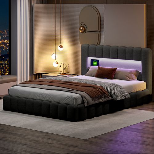 Lit à Bulles 180 X 200 Cm, Avec LED Et USB, Avec Espace De Rangement, Avec Sommier à Lattes, Gris