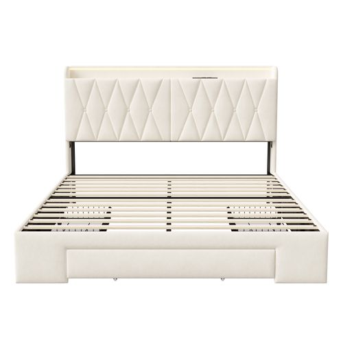 Lit 140 X 200 Avec Sommier LED Et USB, Lit Double, Tête De Lit Avec Rangement, Velours, Beige