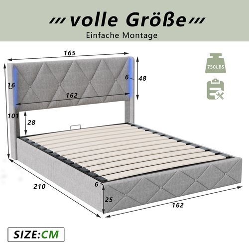 Lit Double Rembourré 160x200 Cm, Avec LED, Lit Coffre Avec Rangement Et Sommier à Lattes, Gris
