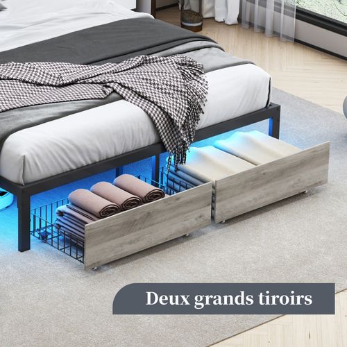Lit Double En Métal 160 X 200 Cm Avec LED Et USB, Avec Rangement, Sommier à Lattes, Noir