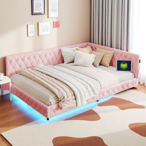 Lit 140x200 Cadre De Lit, Velours Litss Double, Avec LED Et USB, Avec Sommier à Lattes, Rose