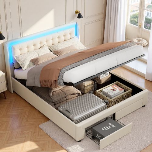 Lit Coffre 140 X 190 - Velours Beige - 2 Tiroirs - Lumières LED Réglables - Dossier Souple
