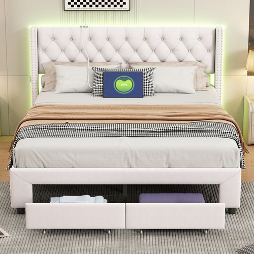 Cadre De Lit 140 X 190 Avec Tiroirs, Lit Capitonne Avec LED Et USB Lit Rembourré En Velours, Beige